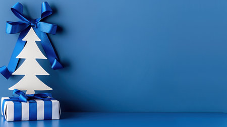 This image features a beautifully wrapped gift box adorned with a blue ribbon and a decorative white Christmas tree against a solid blue background. Perfect for holiday themes!の素材