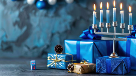 A beautifully arranged scene showcasing a silver menorah with lit candles alongside vibrant blue gift boxes, capturing the essence of festive celebration.の素材