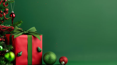 A beautifully wrapped red Christmas gift sits next to a lush green Christmas tree adorned with vibrant ornaments, embodying the holiday spirit.の素材