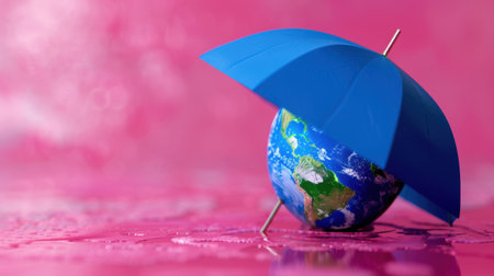 A vibrant blue umbrella stands over a globe representing Earth, set against a bright pink background. This image evokes themes of environmental protection and global awareness.の素材