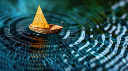 A small wooden boat with a triangular sail drifts gracefully on calm water, surrounded by beautiful ripples, creating an artistic and tranquil scene.の素材