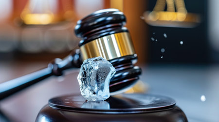 A captivating image featuring a gavel resting on a wooden block with an ice cube juxtaposed, symbolizing the balance of justice and ethical decision-making in law.の素材