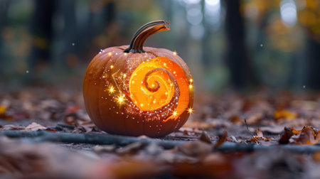 A beautifully carved pumpkin with a glowing spiral design stands out in a serene forest scene, surrounded by colorful autumn leaves and soft natural light.の素材