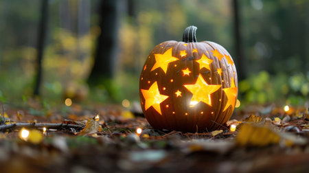 A beautifully carved pumpkin featuring star cutouts, illuminating a forest floor during autumn. Perfect for Halloween decorations and celebrations.の素材