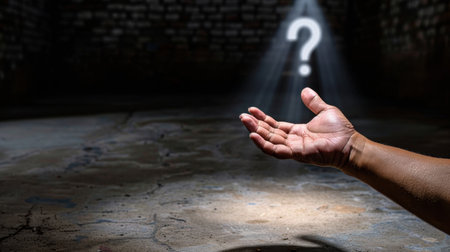 A hand is reaching out in a dimly lit environment, casting a shadow as a question mark looms above, representing uncertainty and the quest for answers.の素材