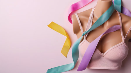 This image features a women's undergarment displayed with soft pastel ribbons, creating a stylish and fresh aesthetic suitable for fashion and lifestyle themes.の素材