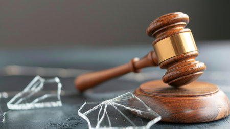 A gavel rests on a dark surface next to shattered glass pieces, representing broken justice and the fragility of law in a conflict situation.の素材