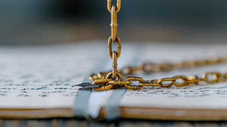 A close-up image of a golden chain securing an antique journal on a rustic wooden table, showcasing elegant handwritten pages illuminated by soft natural light.の素材