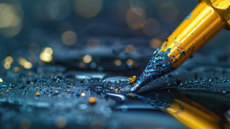 A mesmerizing close-up of a golden fountain pen nib poised above a dark reflective surface, with vibrant ink droplets and alluring bokeh lights.の素材