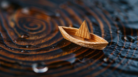 This image showcases a small wooden boat floating gently on rippling water, surrounded by glossy raindrops. The vibrant wood grain adds texture and warmth, creating a calming scene.の素材