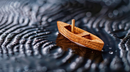 A serene wooden boat floats gently on a reflective surface, surrounded by delicate raindrops and subtle wave patterns, creating a calming atmosphere.の素材