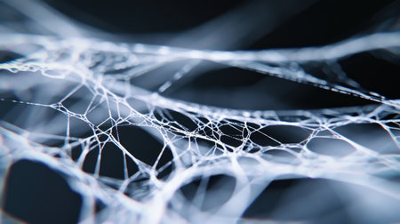 This mesmerizing macro photo captures an intricate web-like structure formed by delicate white threads against a dark background, creating an abstract visual.の素材