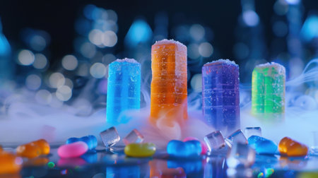 A vibrant scene featuring colorful ice sticks in blue, orange, purple, and green, surrounded by candy and mist, set against a bright, blurred background.の素材