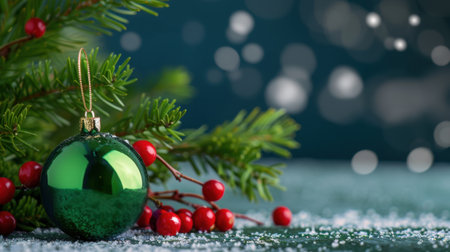 A stunning green Christmas ornament rests elegantly on a pine branch adorned with vibrant red berries, set against a soft bokeh background, evoking holiday cheer.の素材