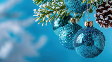Capture the essence of the holiday season with these shimmering blue Christmas ornaments hanging from a snowy pine tree, creating a festive atmosphere.の素材
