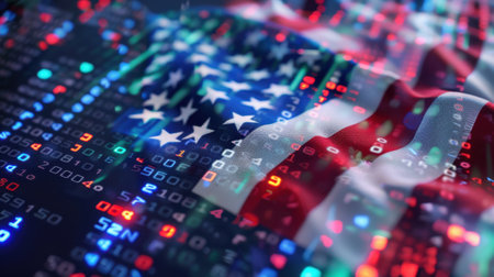 This artistic image features the American flag intertwined with digital circuitry, symbolizing the fusion of patriotism and technology. Bright colors and abstract patterns enhance the visual impact, making it suitable for themes of identity and innovation.の素材