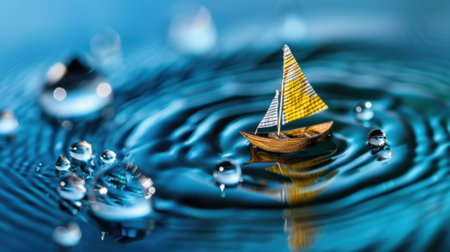 A miniature sailboat gracefully drifts on a calm water surface, surrounded by shimmering droplets that create gentle ripples, evoking a sense of peace and creativity.の素材