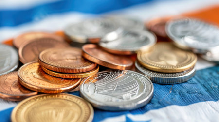 A vibrant close-up of assorted coins arranged on a colorful striped background. The image emphasizes the diverse shapes, textures, and metallic finishes of the coins, highlighting their role in finance and commerce.の素材