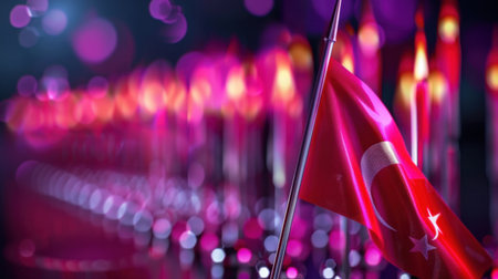 A striking image showcasing the Turkish flag in front of glowing lights, creating a vibrant backdrop for any celebration or cultural event.の素材