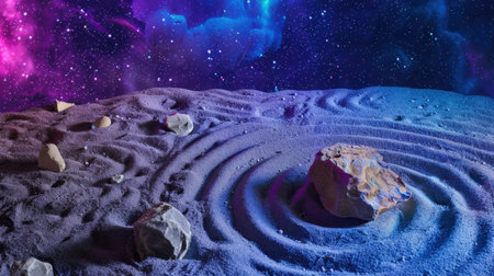 This stunning cosmic landscape features a textured moon surface with rocks and waves, set against a vibrant galaxy backdrop filled with stars and colorful dust.の素材