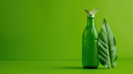 A striking green glass bottle adorned with fresh leaves stands prominently against a vivid green background, symbolizing sustainability and freshness.の素材