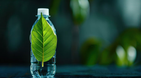 A water bottle featuring a vibrant green leaf, symbolizing the harmony between nature and our efforts to embrace a sustainable lifestyle. Ideal for promoting eco-conscious choices.の素材