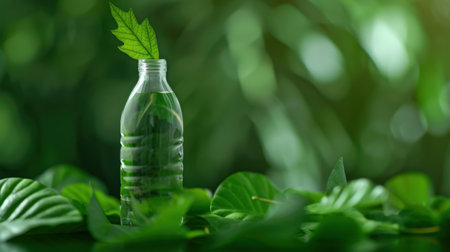 A vibrant green leaf emerges from a transparent bottle, symbolizing freshness and sustainability in an eco-friendly world. The lush background enhances the connection to nature.の素材