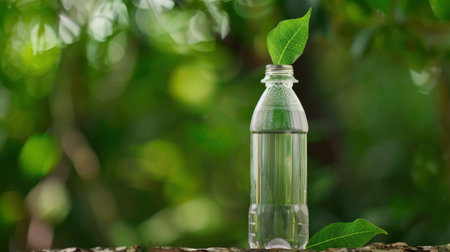 A refreshing water bottle with a leaf on top stands in nature, surrounded by vibrant greenery and a soft-focused background, symbolizing eco-consciousness.の素材