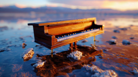A grand piano rests on a reflective surface during a stunning sunset, showcasing a blend of natural beauty and artistic elegance, evoking serenity.の素材