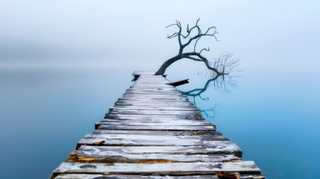 A tranquil scene featuring a wooden pier extending into still misty waters, with a solitary leafless tree creating a striking silhouette against the fog.の素材