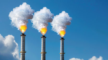 Three industrial smokestacks dominate the skyline, releasing white clouds and orange flames, illustrating the complex relationship between energy production and environmental impact.の素材