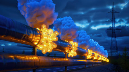 A visually striking image of an industrial pipeline illuminated by glowing smoke against a dusky sky, showcasing technology and environmental elements.の素材