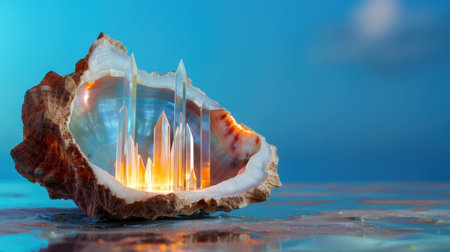 This captivating image features a natural shell housing sparkling crystals, glowing gently against a serene blue water backdrop. The warm light adds enchanting beauty.の素材