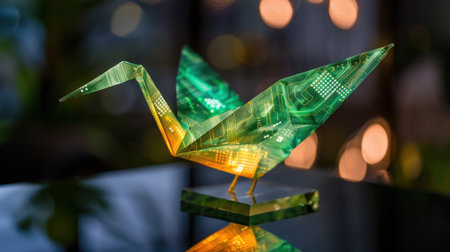 A striking origami crane crafted with digital patterns in green and yellow, set on a reflective surface against a blurred bokeh background, showcasing modern artistry.の素材