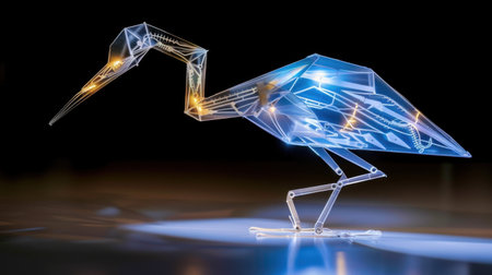 This image showcases a futuristic abstract heron sculpture with intricate geometric designs and vibrant neon lights, perfect for art and technology themes.の素材