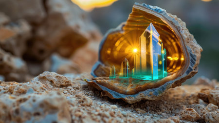 A breathtaking geode reveals vibrant crystals illuminated by natural light, showcasing the beauty of geology against a textured stone background.の素材