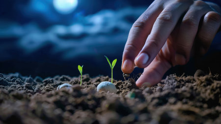 This captivating image showcases a hand gently cultivating seedlings at night. Under a moonlit sky, the scene symbolizes growth, sustainability, and connection to nature.の素材