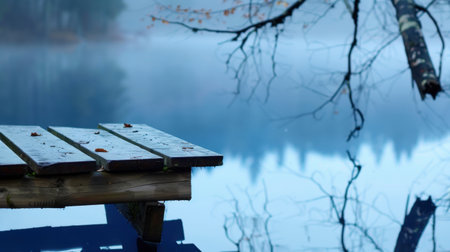 A tranquil wooden pier extends over a serene lake, surrounded by a misty atmosphere and forested landscape, evoking calmness and solitude.の素材