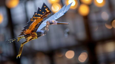 A stunning colorful bird sculpture captures the essence of flight while surrounded by a dreamy abstract background of soft glowing lights.の素材