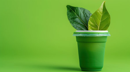 A vivid green container filled with fresh leaves creates a striking visual against a vibrant backdrop, symbolizing nature and sustainability. Perfect for eco-friendly themes.の素材