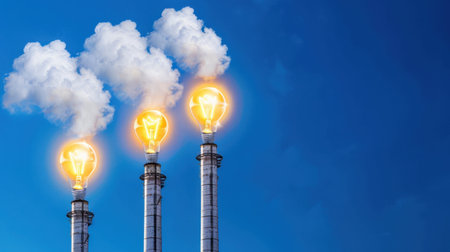 This imaginative stock photo features smokestacks emitting bright light bulbs against a clear blue sky, symbolizing energy and environmental issues.の素材