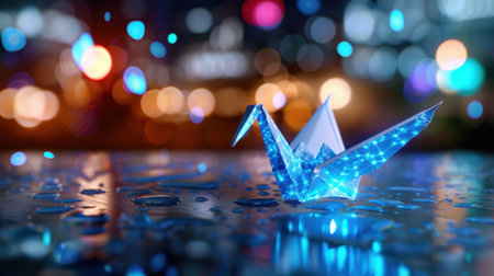 A stunning origami crane crafted from shimmering paper sits on a wet surface, illuminated by colorful neon lights, creating a surreal nighttime scene.の素材