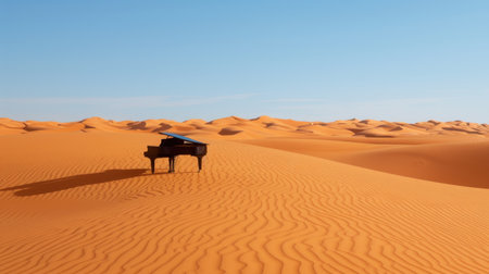 A striking grand piano sits alone in a vast desert landscape, surrounded by flowing sand dunes and a clear blue sky, evoking a sense of harmony and solitude.の素材