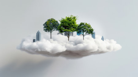 A mesmerizing scene featuring lush trees atop a floating cloud, set against a modern city skyline, symbolizing the blend of nature and urban beauty.の素材