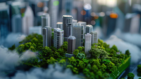 A stunning miniature representation of a modern city skyline, set on a lush green base, enveloped in a misty atmosphere, showcasing urban beauty and nature.の素材