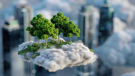 A surreal scene featuring lush green trees on a floating island above an urban skyline, surrounded by fluffy clouds, symbolizing nature and sustainability.の素材