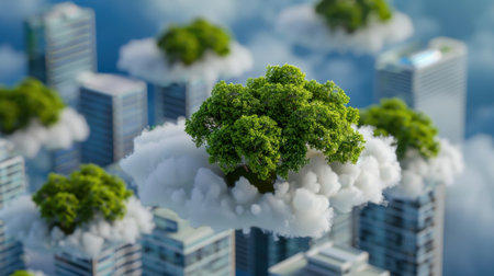 This captivating image features a lush green tree sitting atop a fluffy white cloud, floating above a modern urban landscape, showcasing a vision of a sustainable future.の素材