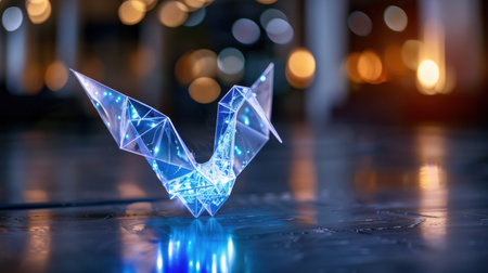 A captivating image of a glowing origami crane crafted from translucent material, set against a blurred bokeh backdrop, symbolizing creativity and artistry.の素材