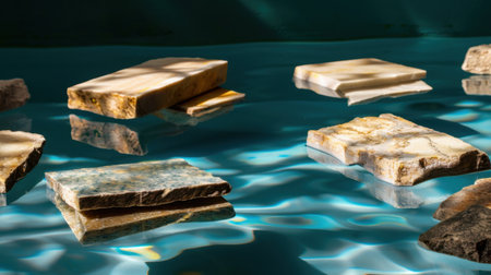 A captivating image of floating stones in serene blue waters, showcasing stunning reflections and natural textures that evoke calmness and beauty.の素材