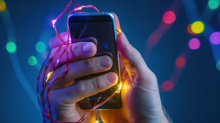 A close-up image showing a hand holding a smartphone wrapped in colorful fairy lights, creating a festive and warm atmosphere in a dark setting.の素材